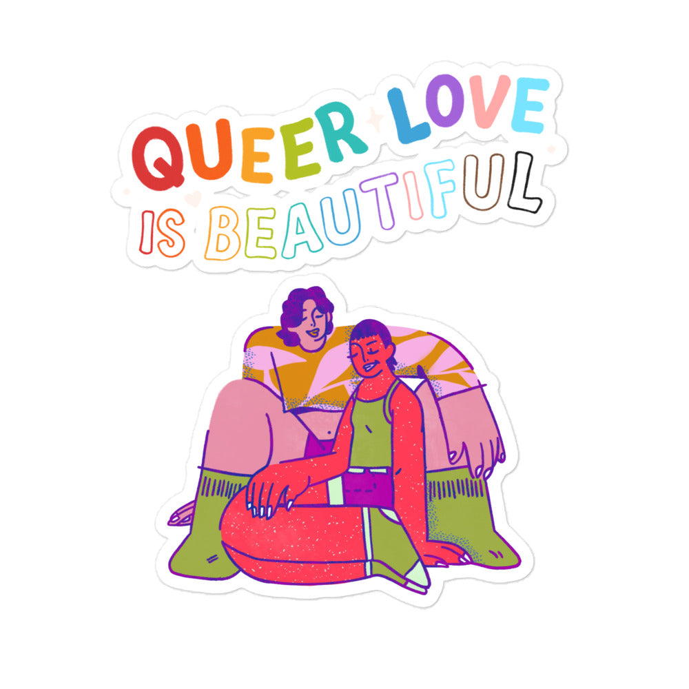Sticker reading “QUEER LOVE IS BEAUTIFUL” above an illustration of two people cuddling on a couch