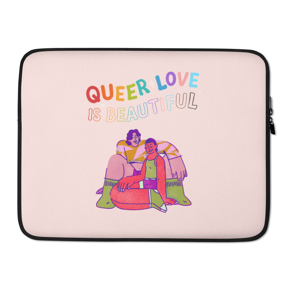 Pink laptop sleeve with black trim, “QUEER LOVE IS BEAUTIFUL,” and a colorful couple illustration