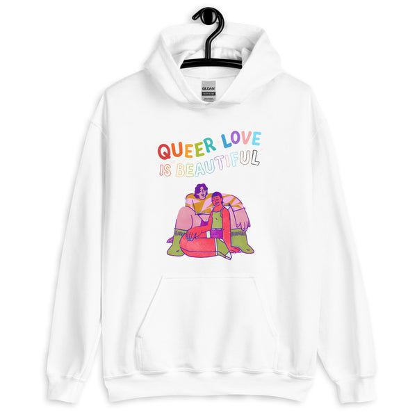 Front view of a white hoodie reading “QUEER LOVE IS BEAUTIFUL,” with a colorful couple illustration