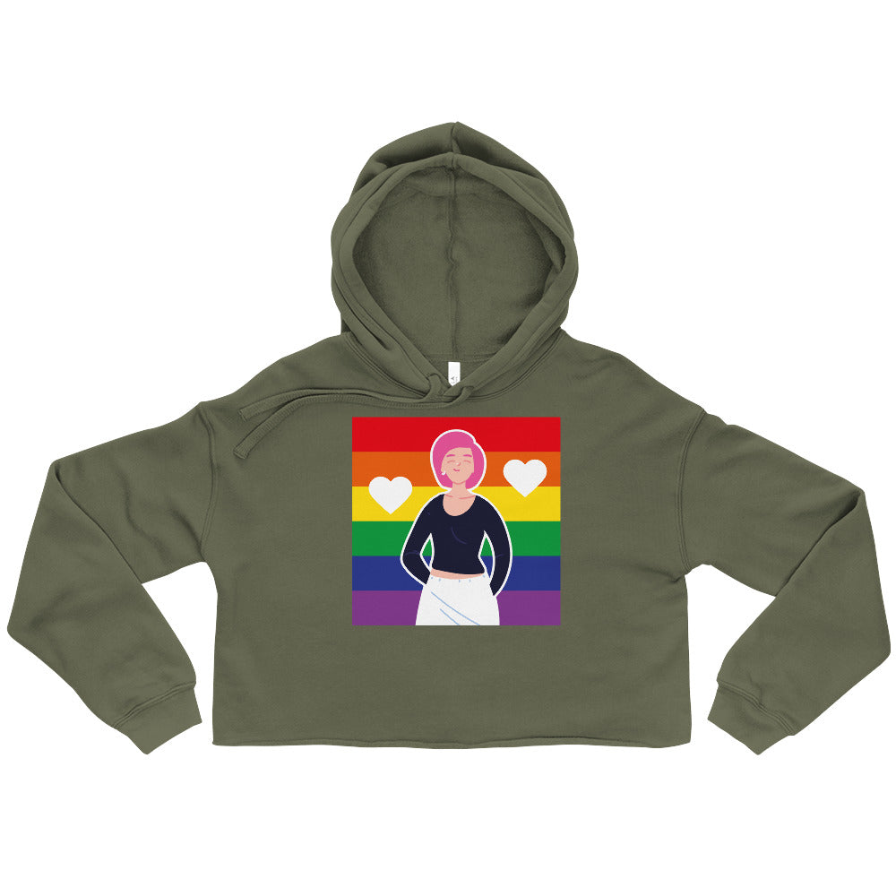 Front view of an olive-green cropped hoodie with a rainbow illustration and two white hearts