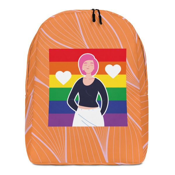 Front view of an orange backpack with lavender lines and a rainbow heart-themed illustration