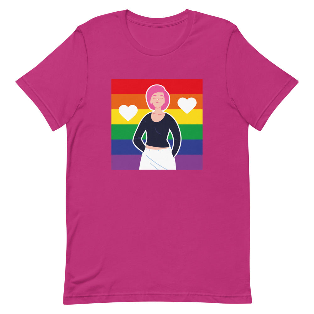 Front view of a berry T-shirt with a rainbow graphic, hearts, and illustrated person