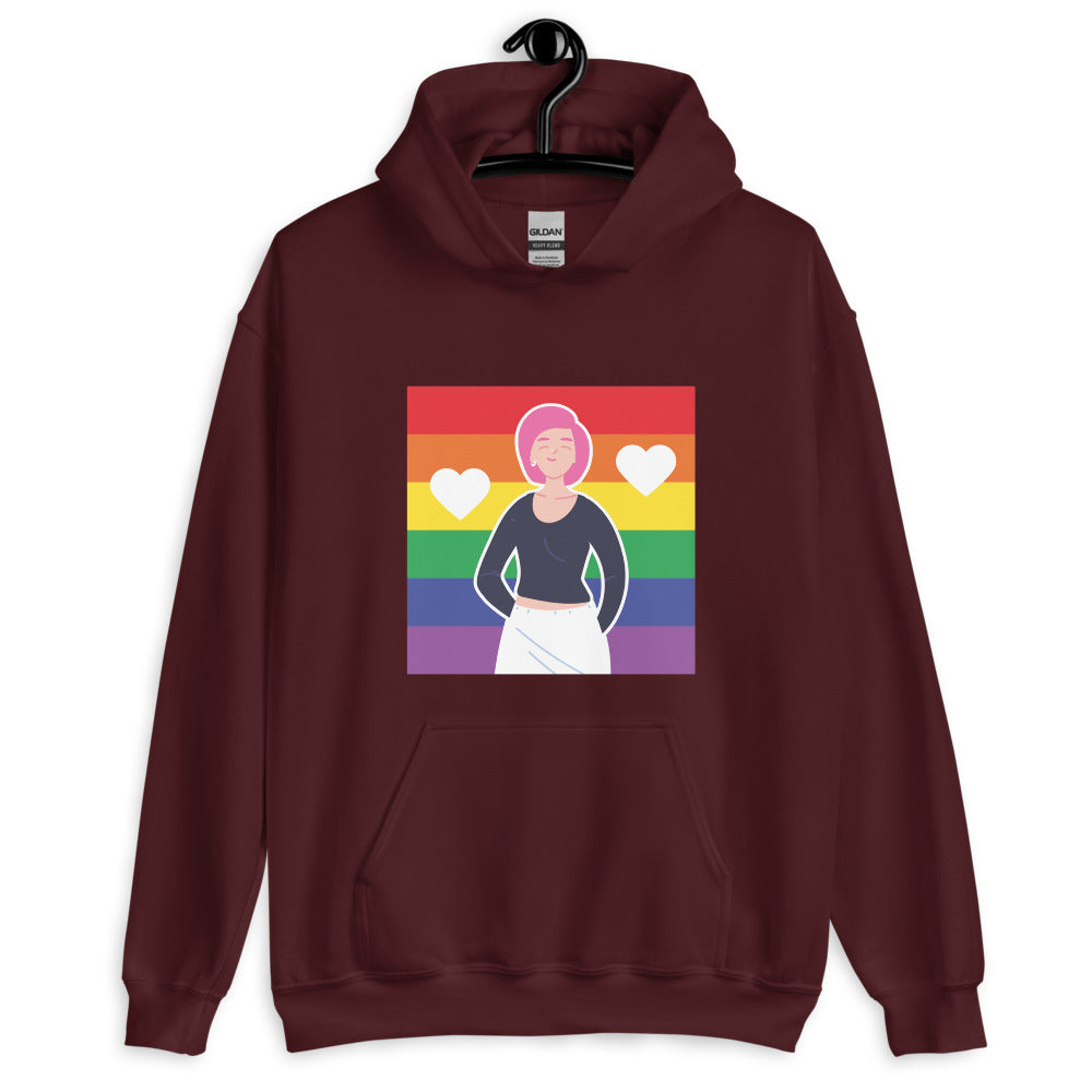 Maroon pullover hoodie with a rainbow-striped graphic, hearts, and illustrated person