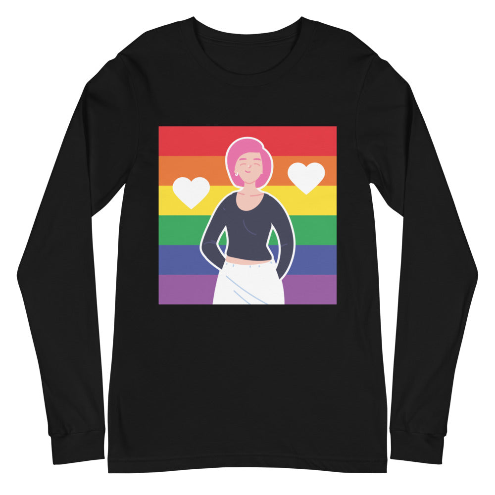Black long-sleeve shirt with a rainbow-striped illustration of a person and two hearts