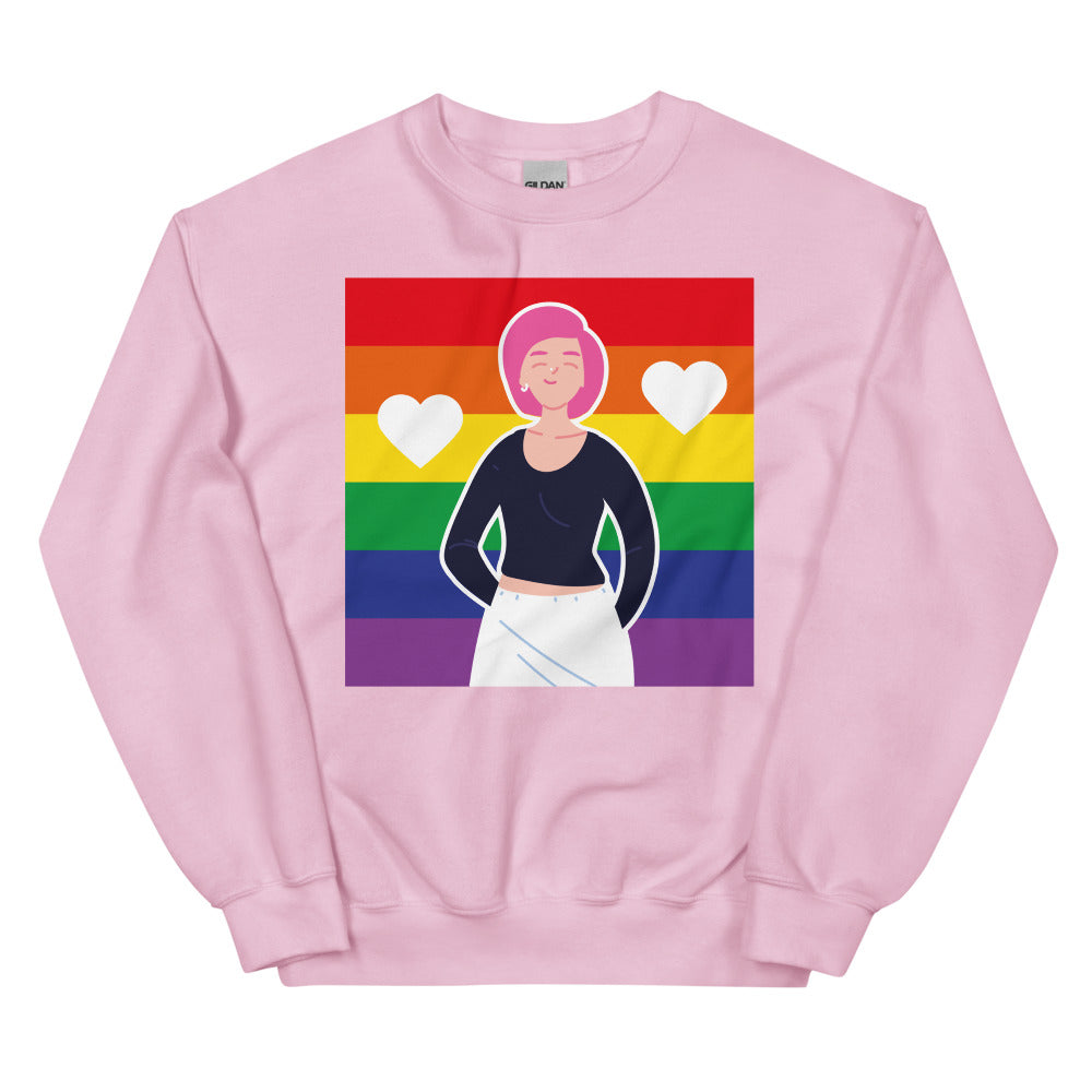 Pink sweatshirt with a rainbow-striped graphic of a person and two white hearts