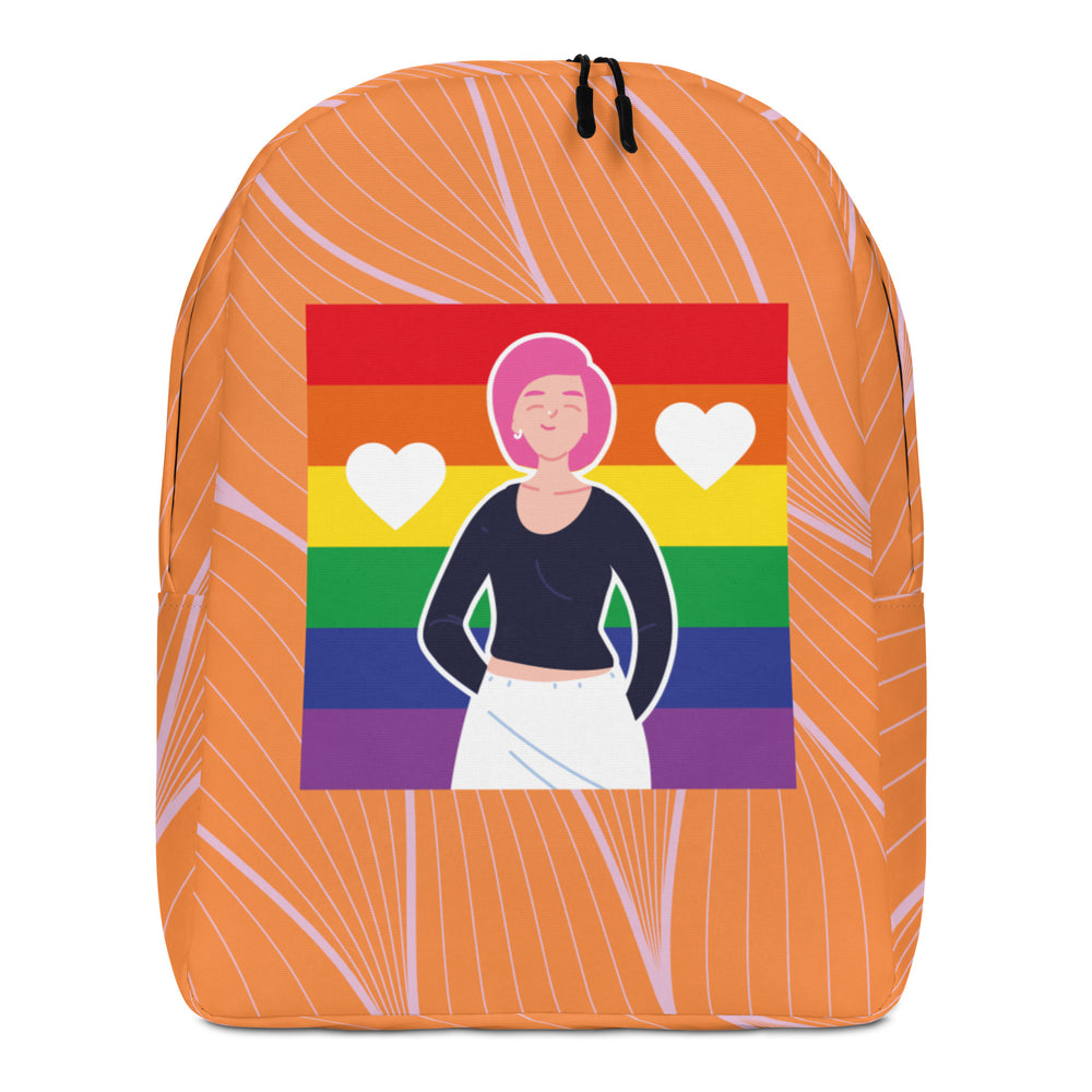 Front view of an orange backpack with lavender lines and a rainbow heart-themed illustration