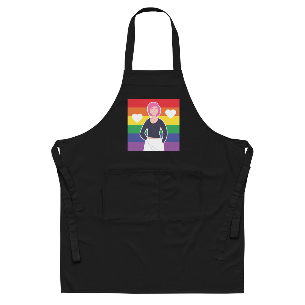 Front view of a black apron with a rainbow-striped illustration of a person and two hearts