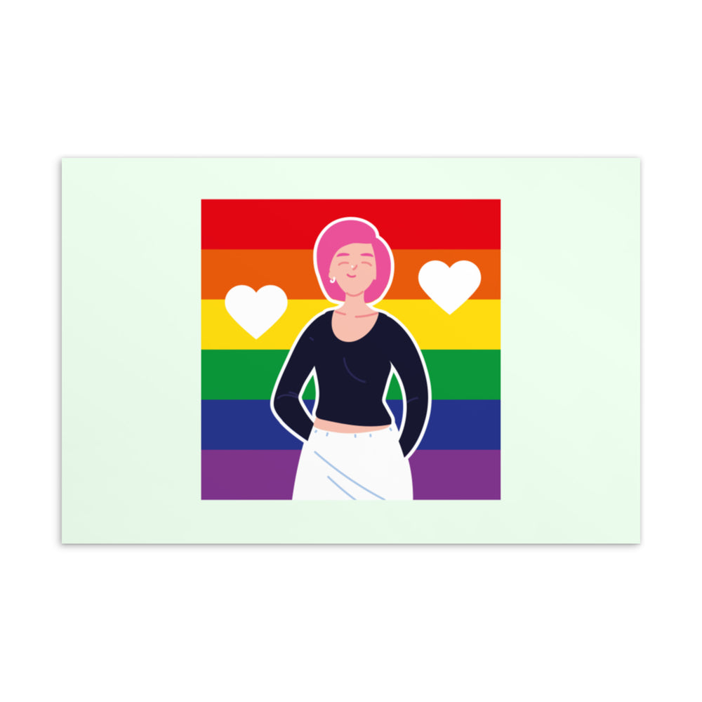Postcard illustration of a smiling person before rainbow stripes and two white hearts
