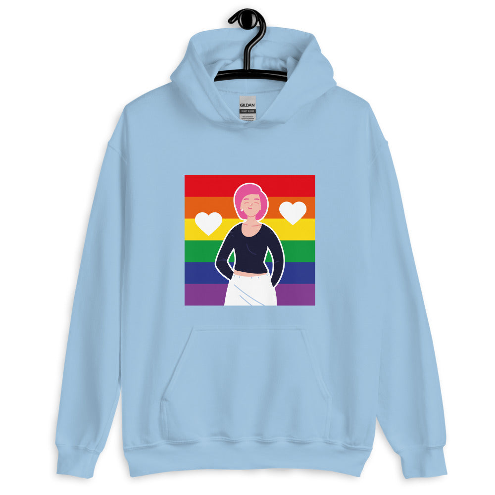 Front view of a light blue hoodie with a rainbow flag and illustrated person with hearts