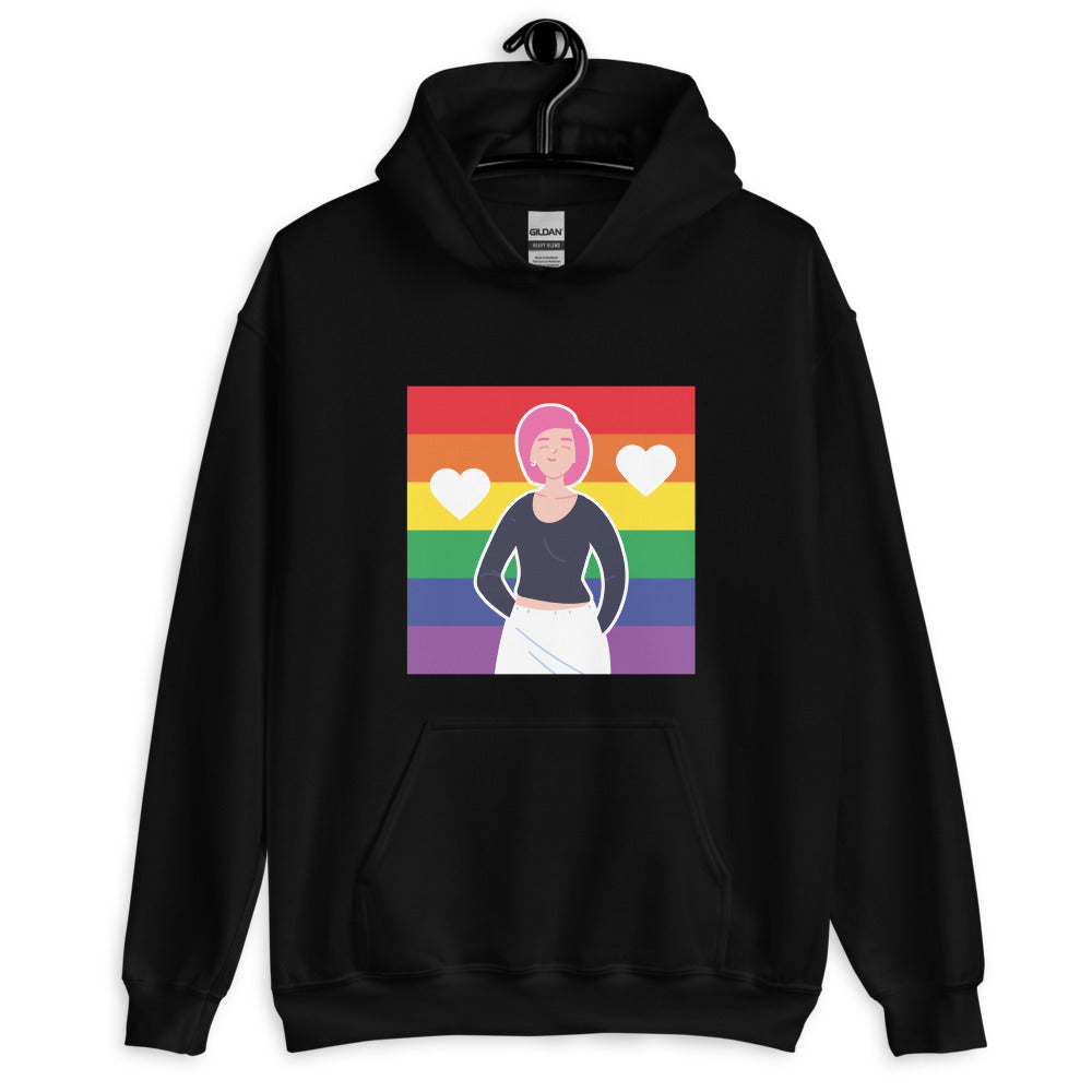 Black pullover hoodie with a rainbow flag graphic, hearts, and illustrated person