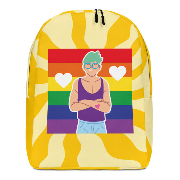 Front view of a yellow patterned backpack with a rainbow flag and illustrated person