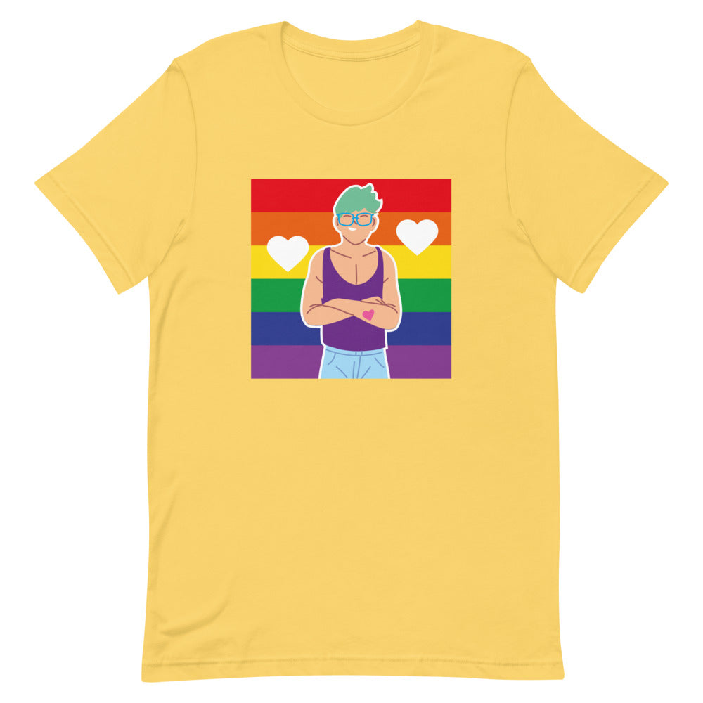 Yellow T-shirt with a rainbow-striped graphic of a person, hearts, and a small heart tattoo