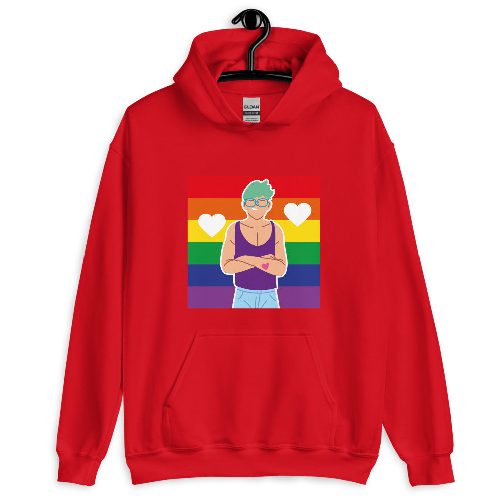 Red pullover hoodie with a rainbow-striped illustration of a person with blue hair and hearts