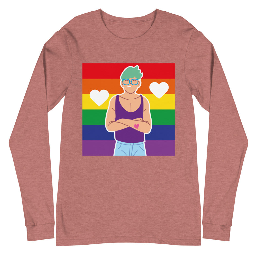 Front view of a mauve long-sleeve shirt with a rainbow portrait and white hearts