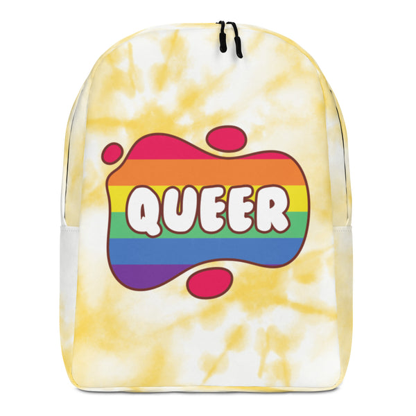 Front-facing white-and-yellow tie-dye backpack with a rainbow-striped QUEER graphic