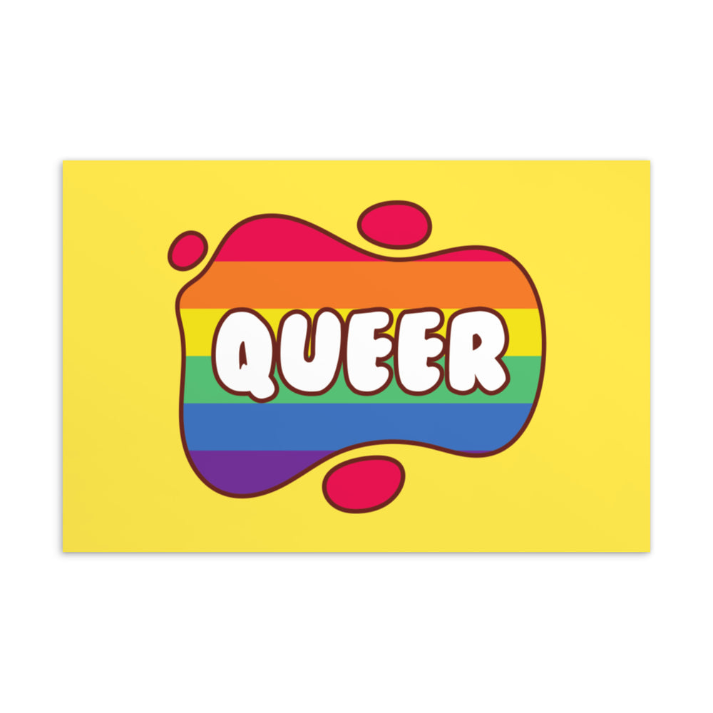 Postcard with the word “QUEER” in white over colorful horizontal stripes on yellow