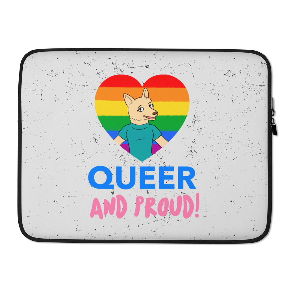 Laptop sleeve with a rainbow heart, cartoon canine, and “QUEER AND PROUD!” text