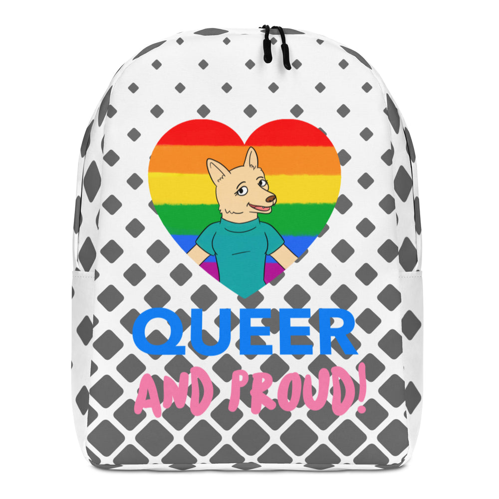 Front-facing white backpack with gray diamond pattern, rainbow heart, cartoon wolf, and “QUEER AND PROUD!”