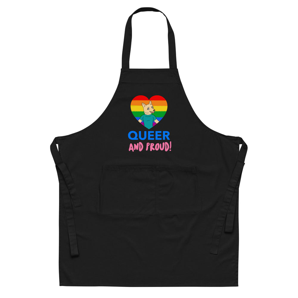 Front-facing black apron with a rainbow heart, cartoon dog, and “QUEER AND PROUD!” text
