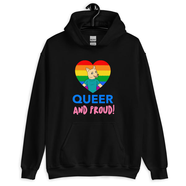 Front view of a black hoodie reading “QUEER AND PROUD!” with a rainbow heart graphic