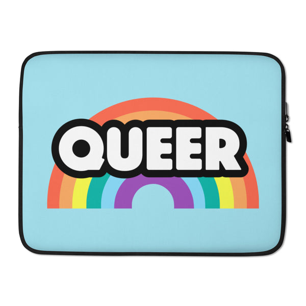 Light blue laptop sleeve with a rainbow graphic and bold white “QUEER” lettering