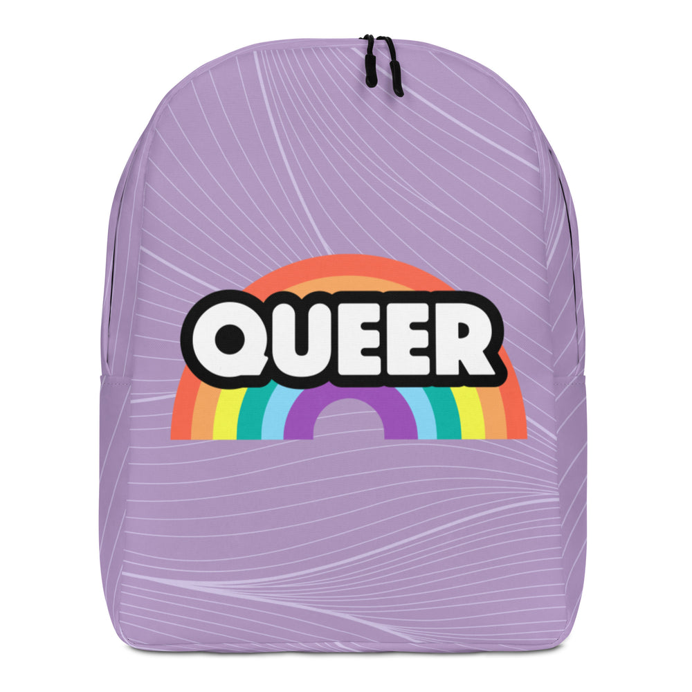 Front view of a lavender backpack with white radiating lines, a rainbow, and “QUEER” text
