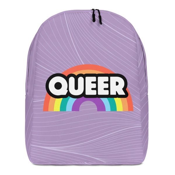 Front view of a lavender backpack with white radiating lines, a rainbow, and “QUEER” text