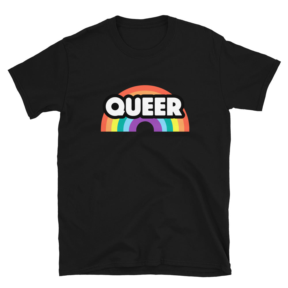 Black T-shirt with the word “QUEER” over a colorful rainbow graphic