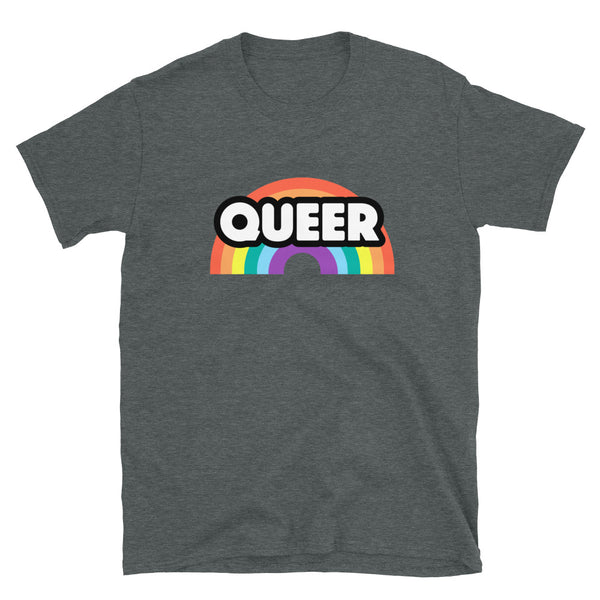 Charcoal gray T-shirt with bold “QUEER” lettering over a colorful rainbow graphic