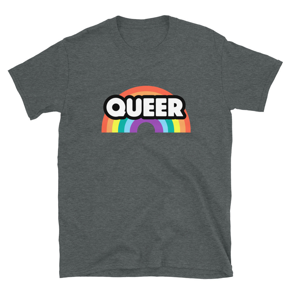 Charcoal gray T-shirt with bold “QUEER” lettering over a colorful rainbow graphic