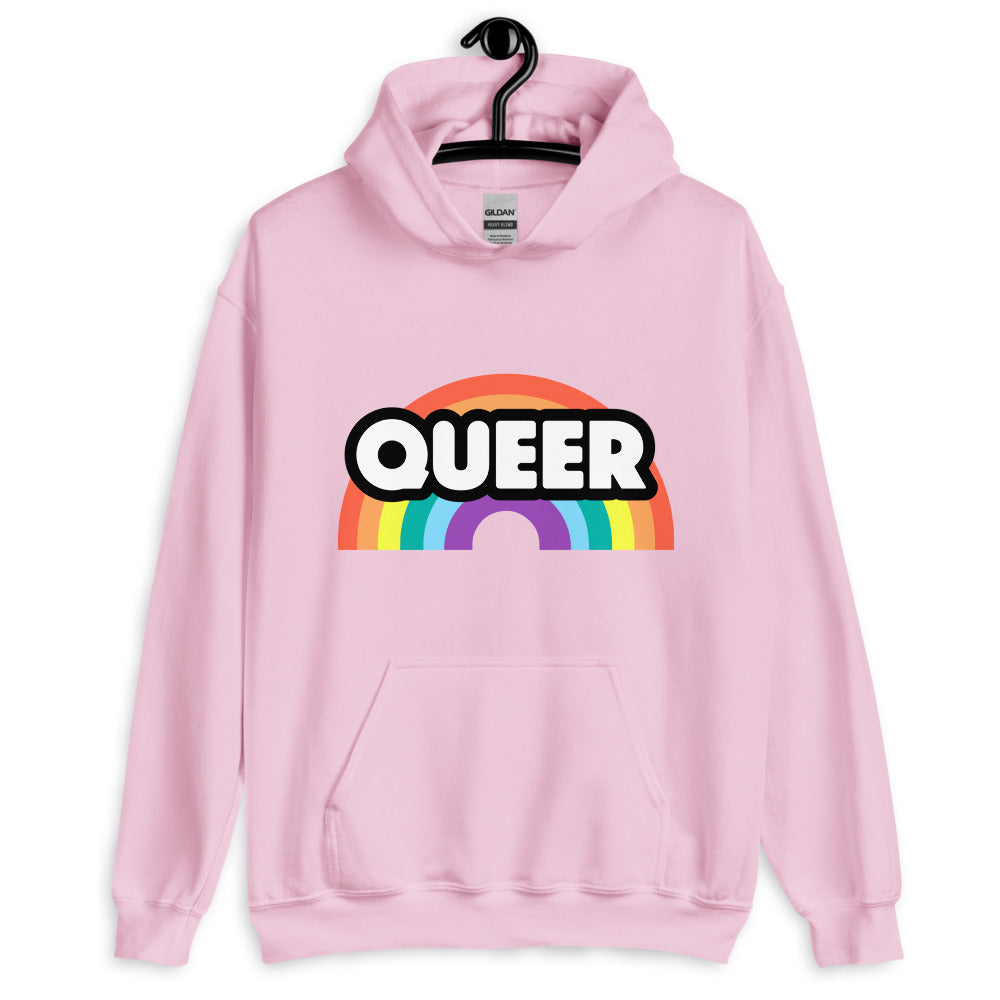 Front view of a light pink hoodie on a hanger with a rainbow and “QUEER” graphic