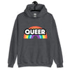 Front view of a dark gray hoodie with a rainbow graphic and “QUEER” text