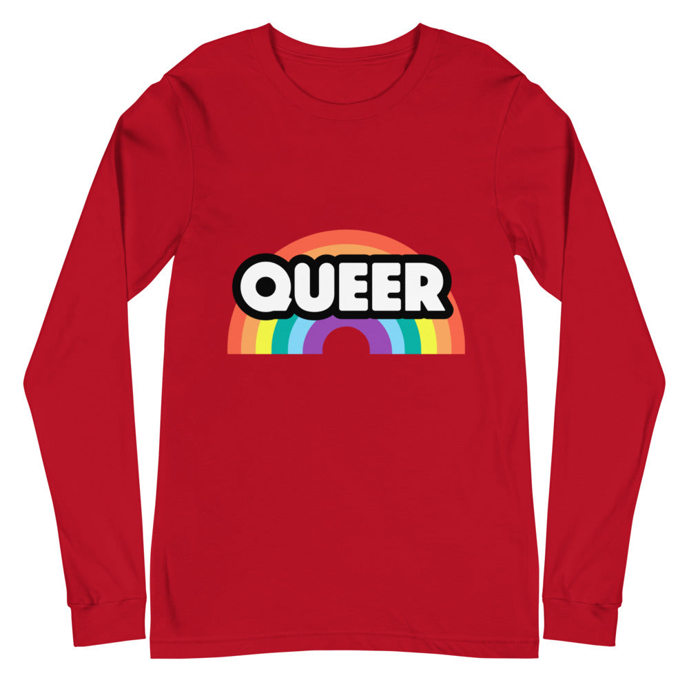 Red long-sleeve shirt with a rainbow graphic and the word “QUEER”