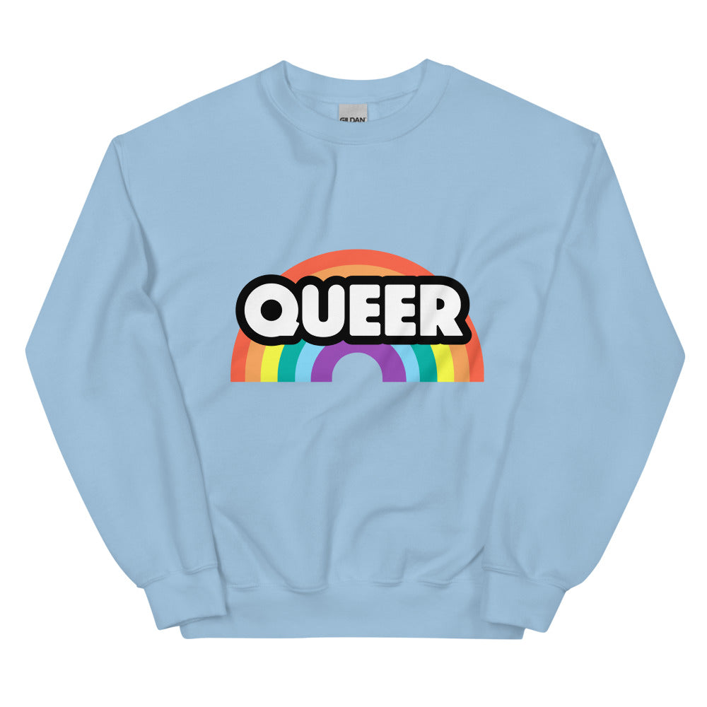Front view of a light blue sweatshirt with a rainbow and bold “QUEER” lettering