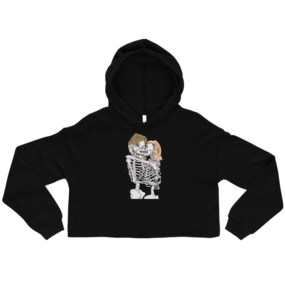 Black cropped hoodie with a front graphic of two kissing skeletons with colored hair