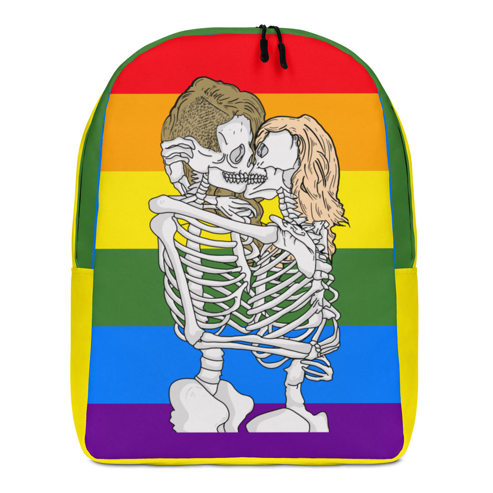 Front-facing backpack with two skeletons kissing over rainbow Pride stripes