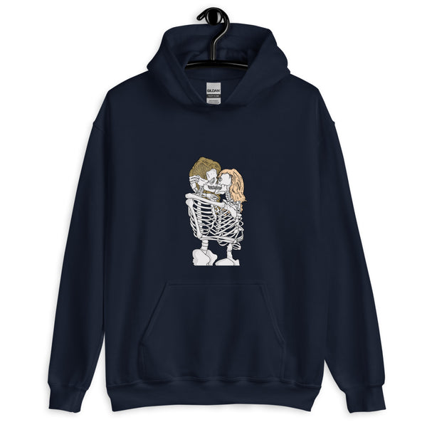 Front view of a navy hoodie with two skeletons embracing and kissing