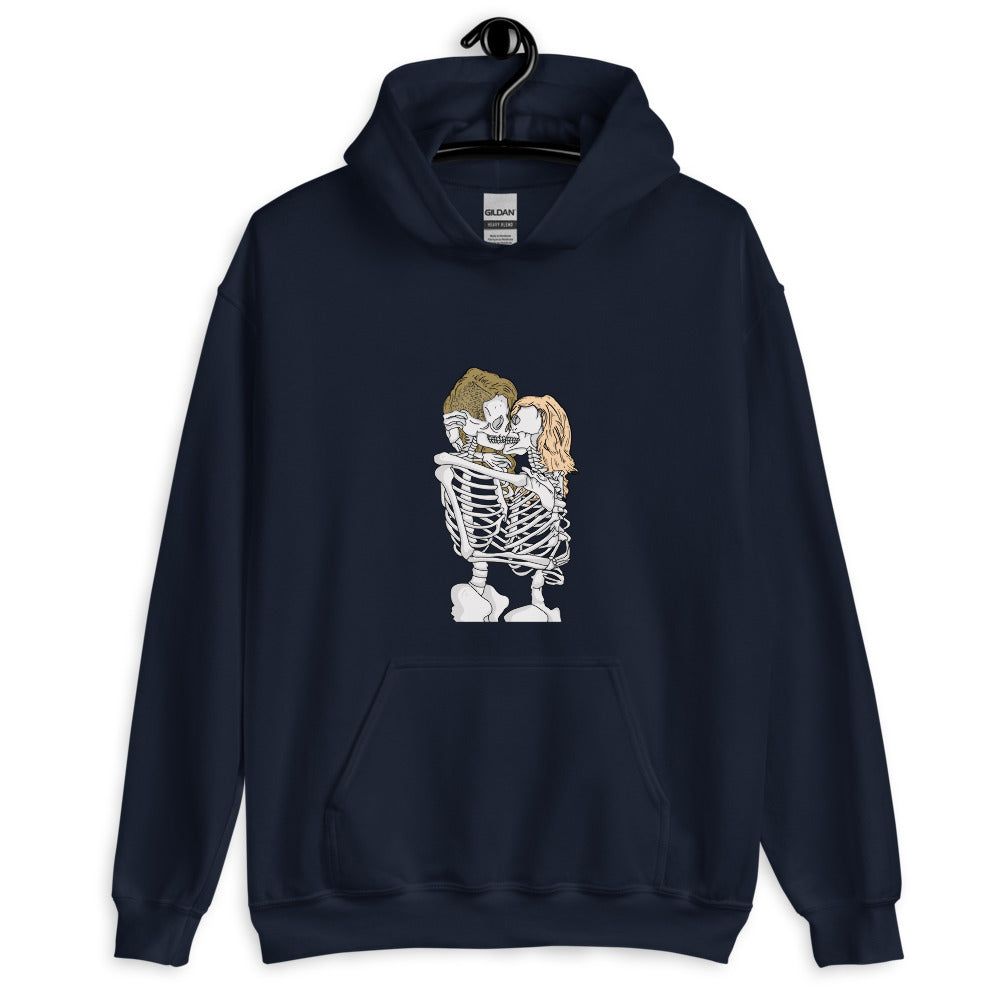Front view of a navy hoodie with two skeletons embracing and kissing