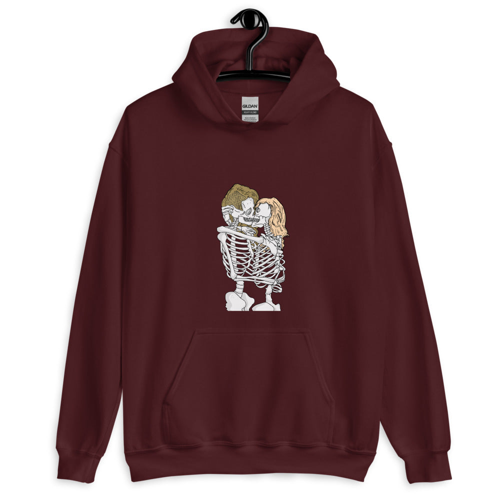 Front view of a maroon hoodie with two skeletons embracing and kissing
