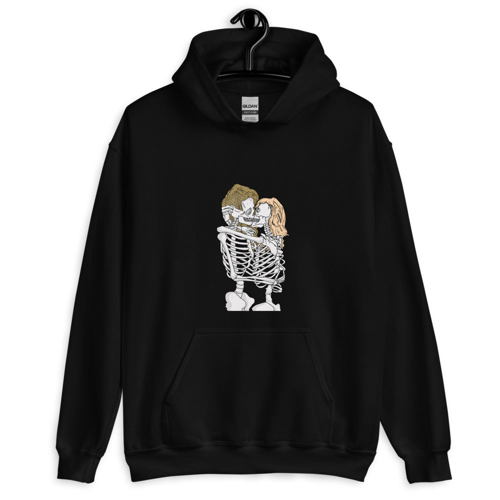 Front view of a black hoodie with two embracing skeletons kissing on the chest