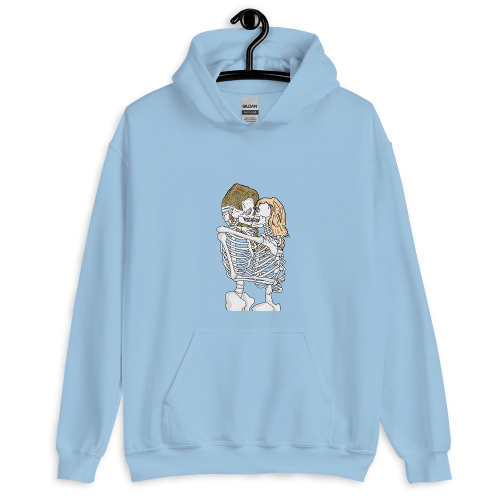 Front view of a light blue hoodie with two embracing skeletons kissing on the chest