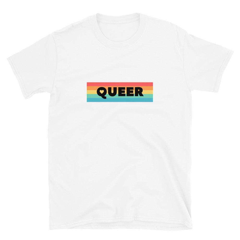 White T-shirt with bold “QUEER” lettering over horizontal rainbow stripes