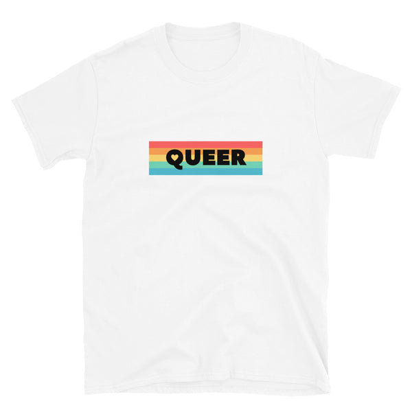White T-shirt with bold “QUEER” lettering over horizontal rainbow stripes