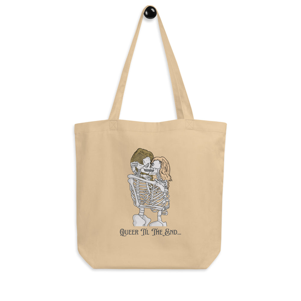 Oyster tote bag showing two skeletons kissing above the text “Queer Til the End…”