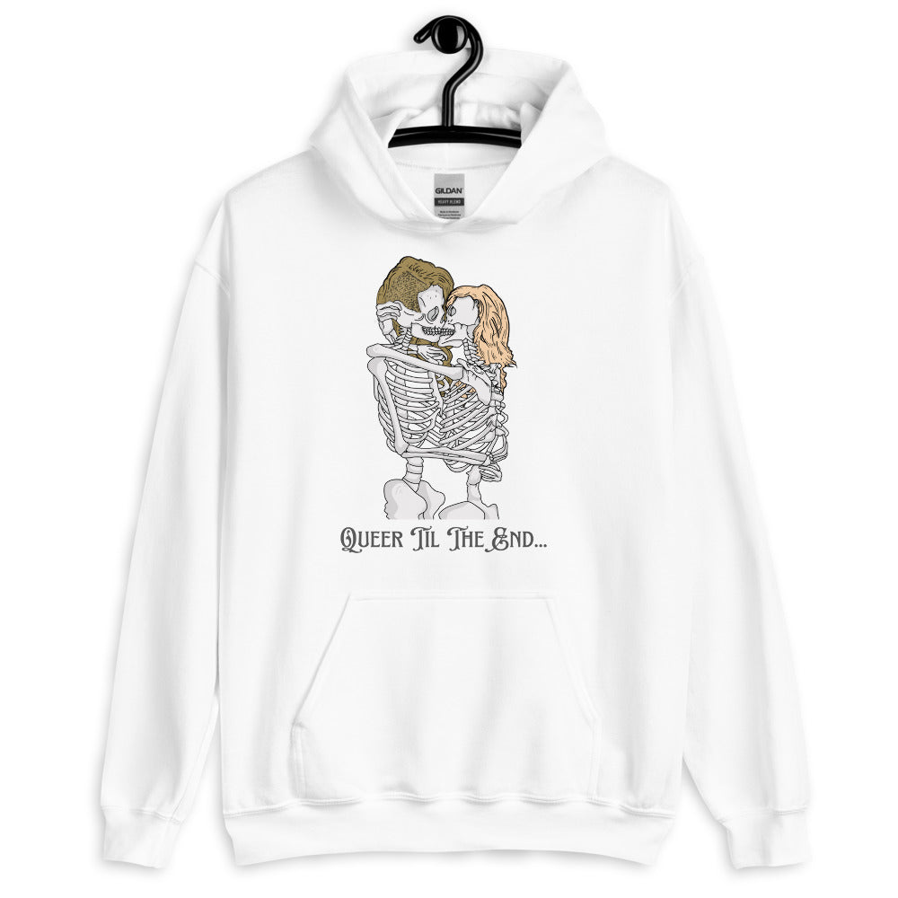 Front view of a white hoodie showing two kissing skeletons and “QUEER TIL THE END...”