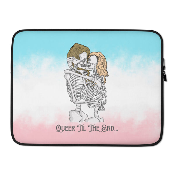 Laptop sleeve with two skeletons kissing over a blue-to-pink background, reading “QUEER TIL THE END...”