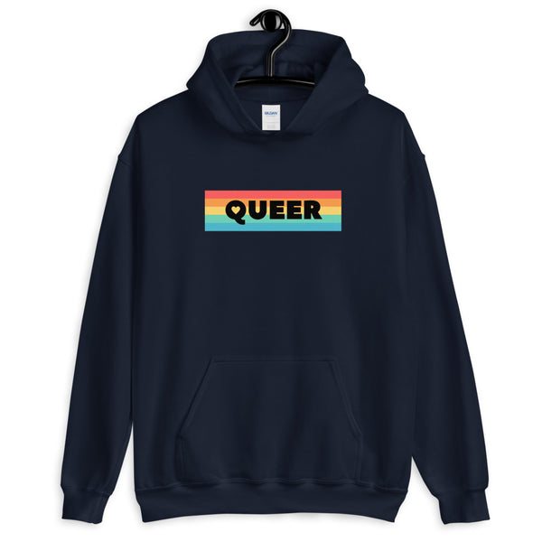 Navy queer pride hoodie with a rainbow-striped chest graphic and kangaroo pocket