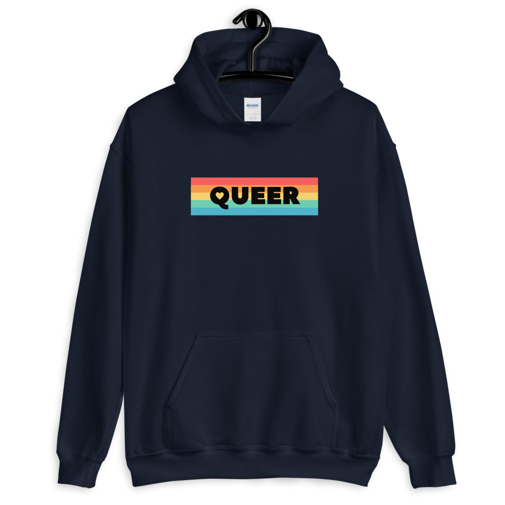 Navy queer pride hoodie with a rainbow-striped chest graphic and kangaroo pocket