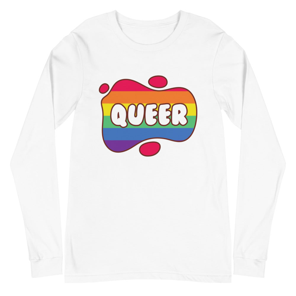 White long-sleeve T-shirt with a rainbow-striped graphic reading “QUEER”