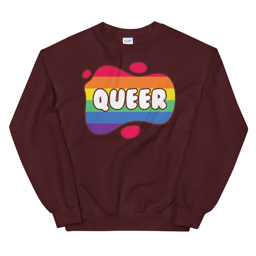 Front view of a maroon sweatshirt with a rainbow-striped graphic reading “QUEER”